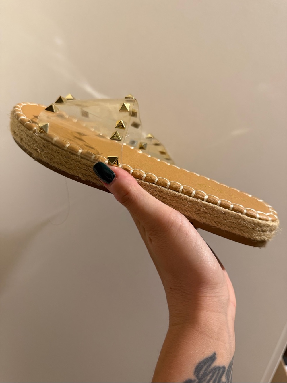 BAMBOO Clear PVC Espadrille Slide with Gold Studs - Tan